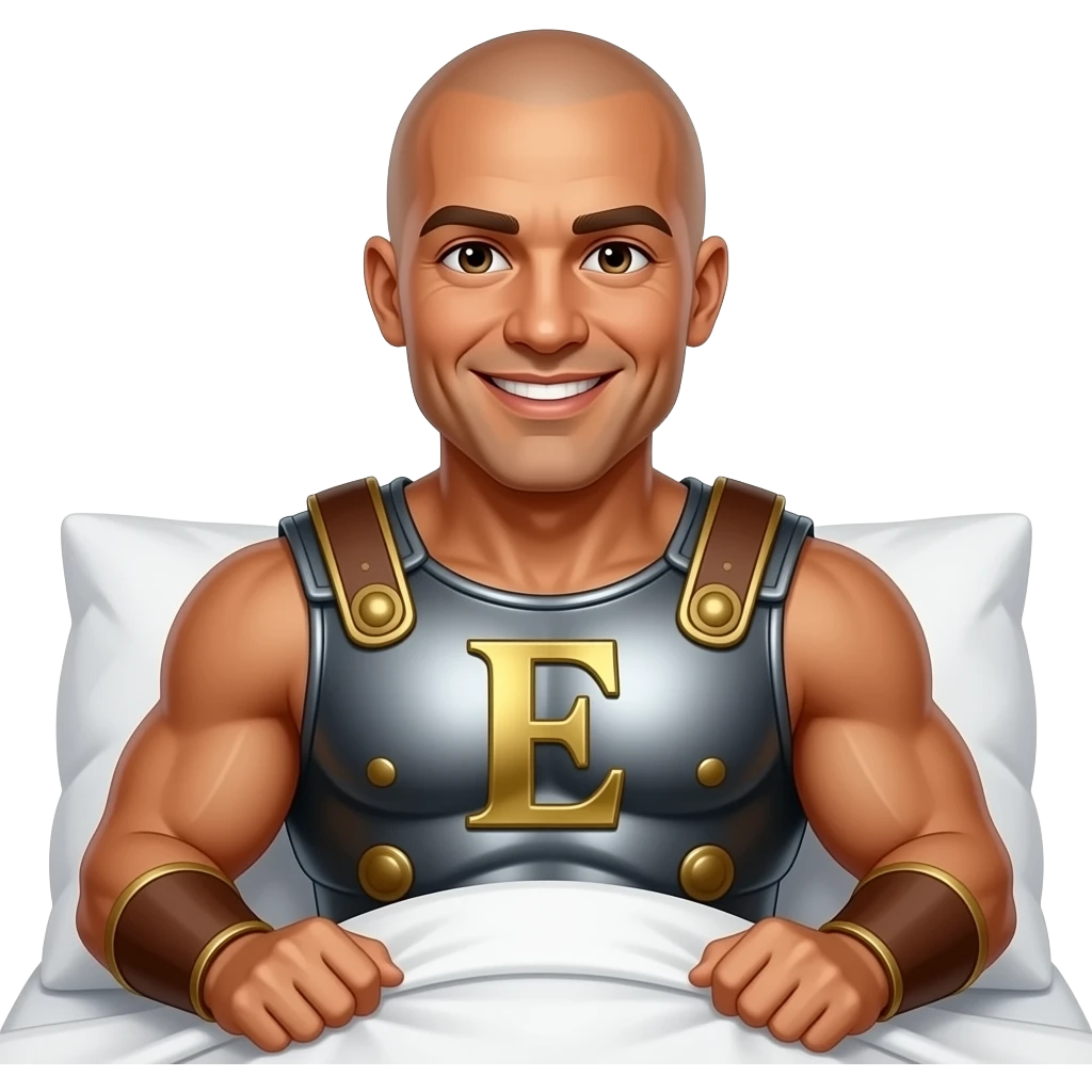 Muscular Roman soldier bald brown eyes smiling letter E on breast plate brunette in bed Brazilian waxed emoji