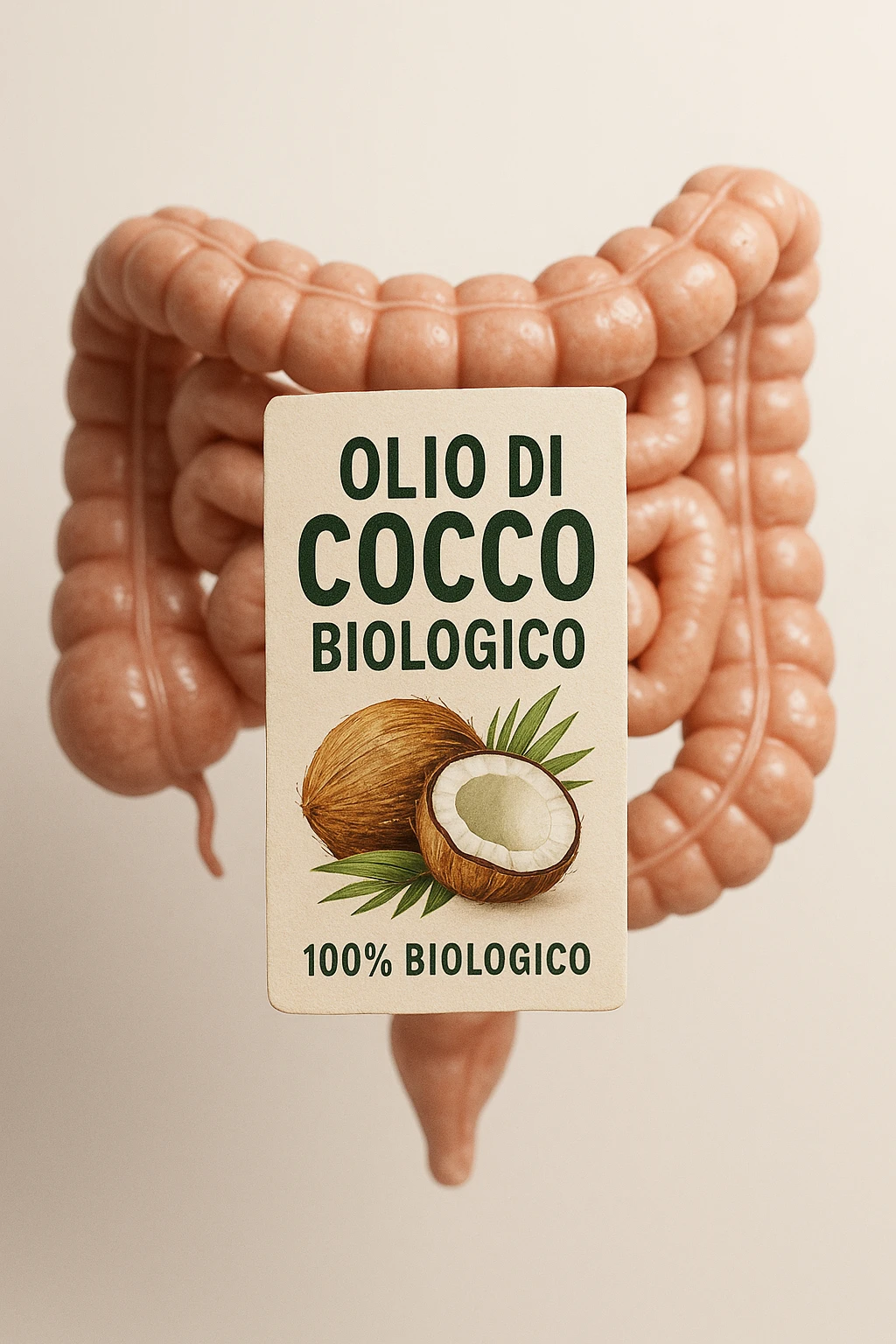 BOCCETTA DI OLIO DI COCCO BIOLOGICO (FAI UN ETICHETTA SUL PRODOTTO IN ITALIANO) CHE FLUTTUA IN ARIA DAVANTI A UN INTESTINO UMANO ANATOMICO IN PERFETTA SALUTE, SFONDO CHIARO, iperrealistico 4k emoji