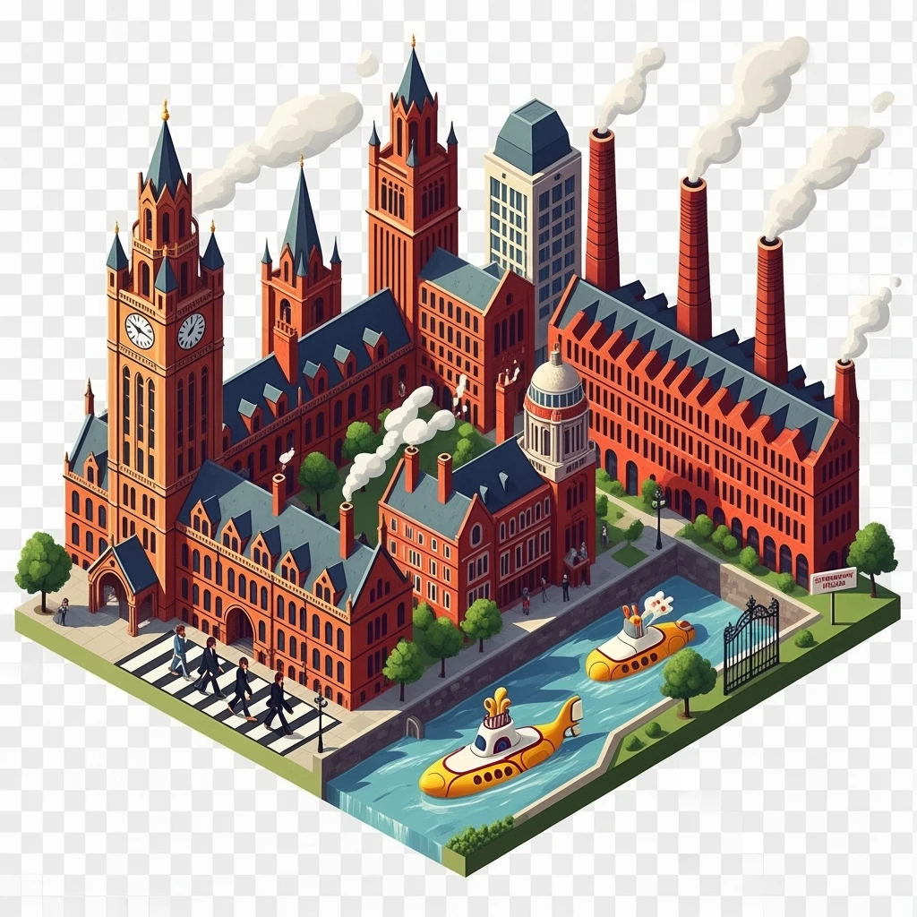 Isometric illustration of Manchester and Liverpool combined, featuring Beatles references (Abbey Road sign), Manchester Town Hall, toy-style factories, balanced between stylized painting and realistic, transparent background emoji