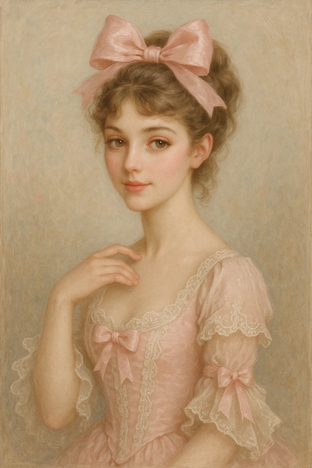 elegant feminine coquette woman with a pink bow, sweet expression, detailed, refined style emoji