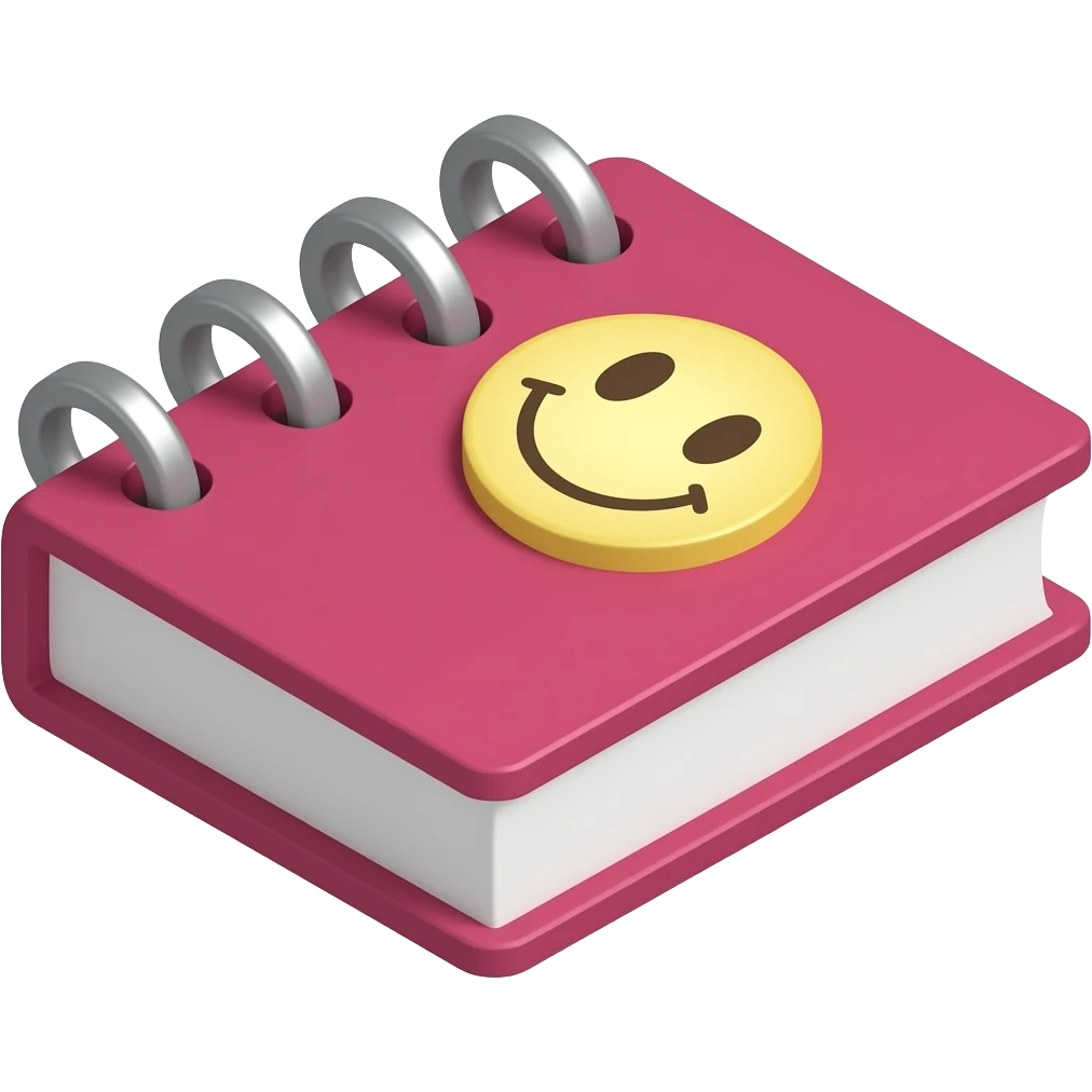libreta de anillos rosada em perspectiva isométrica com adesivo de carita feliz amarilla,emoji emojis.com emogi emogji emoni emoji