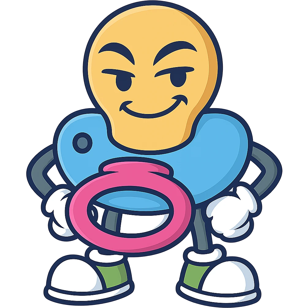 Create the pacifier character in a hands-on-hips pose, smirking mischievously, keeping the same style, colors, and personality as the reference image. Transparent background. emoji