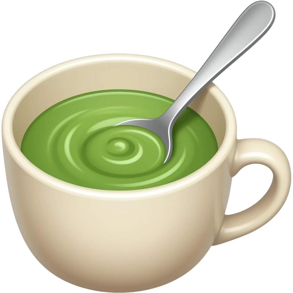 Minimal emoji-style illustration of a matcha drink being stirred in a cup. Light beige (off-white) cup with green matcha liquid, a spoon gently stirring creating soft swirl motion. Clean, simple shapes, smooth gradients, soft green tones, centered composition, minimal background. emoji