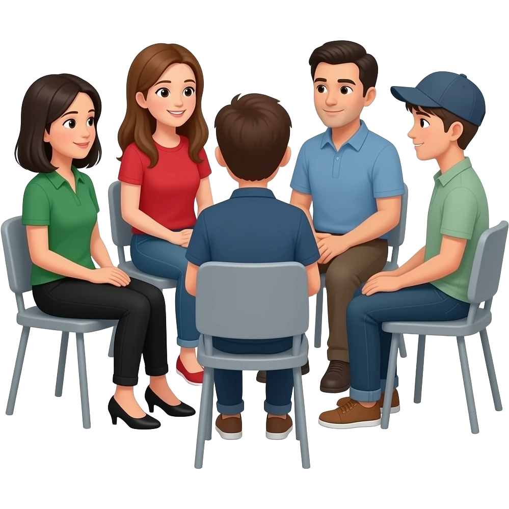 grupo de personas sentado en ronda hablando. que este integrado por una señora joven de 35 años y tes morena vestida con pantalon negro y remera verde,comunicandose con una mama joven de pelo largo castaño  remera roja, un papa morocho y un adolescente con gorra. emoji
