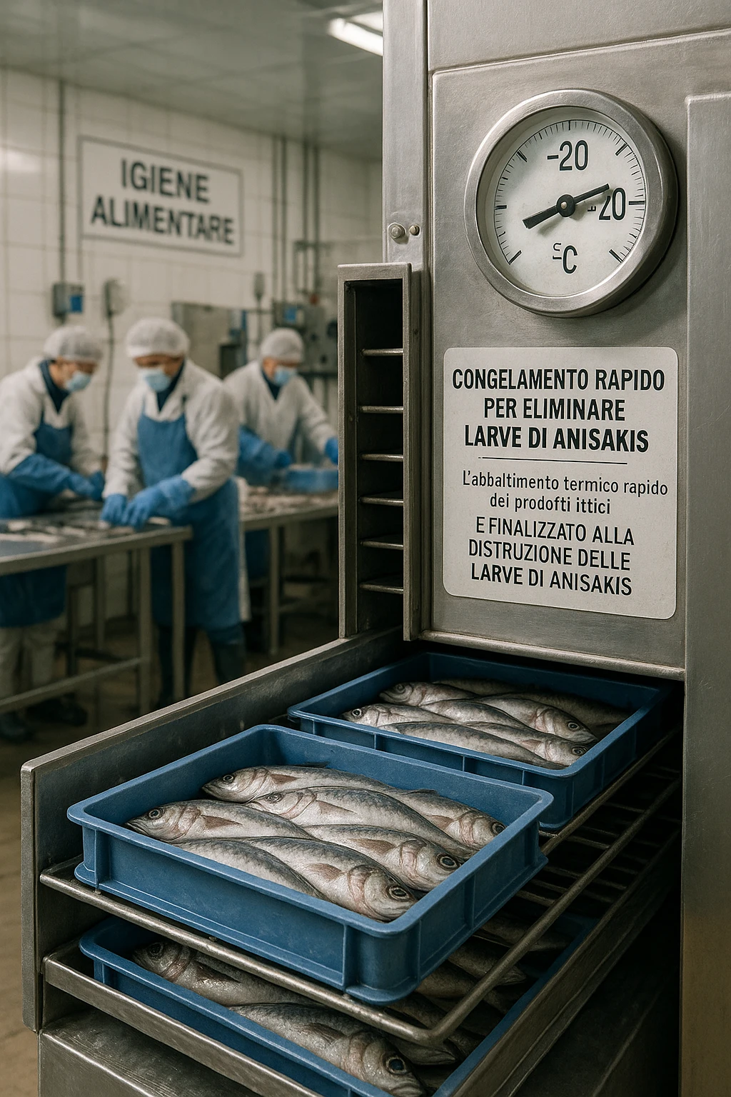 a fish processing facility where freshly caught fish are placed on trays and moved into a large industrial freezer. A temperature gauge shows -20°C, and an educational label explains that rapid freezing (abbattimento) is used to kill Anisakis larvae. The background includes workers in protective clothing and clear signage about food safety. in italiano emoji