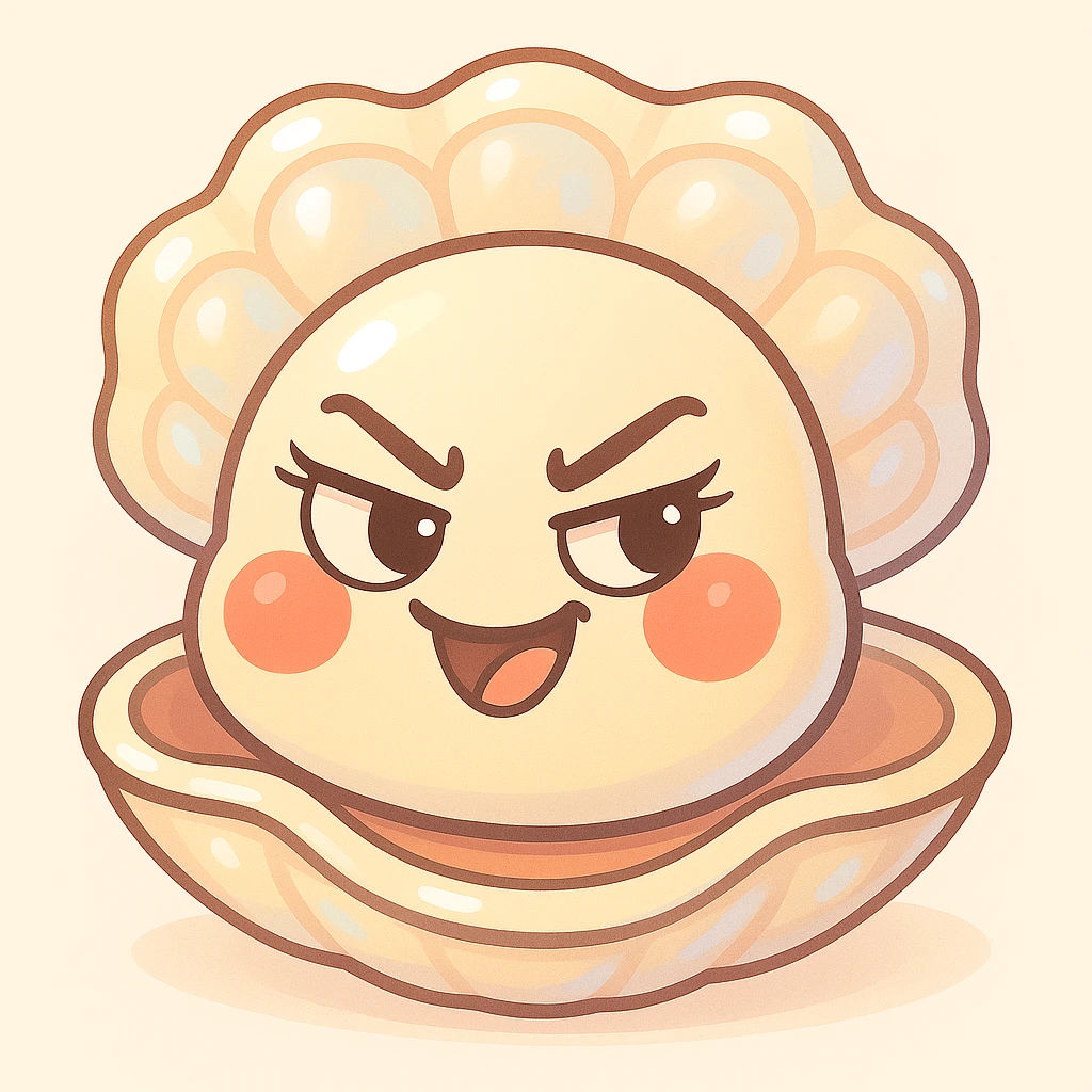Enhance the cute oyster by making the pastel background more subtle and luminous, adding pearly reflections on the shell, accentuating the softness of the red cheeks, enriching the pastel toon details, keeping the mischievous expression, preserving the creamy, peach, and greige texture, emphasizing the volume of the shell, and adding pretty eyelashes. emoji