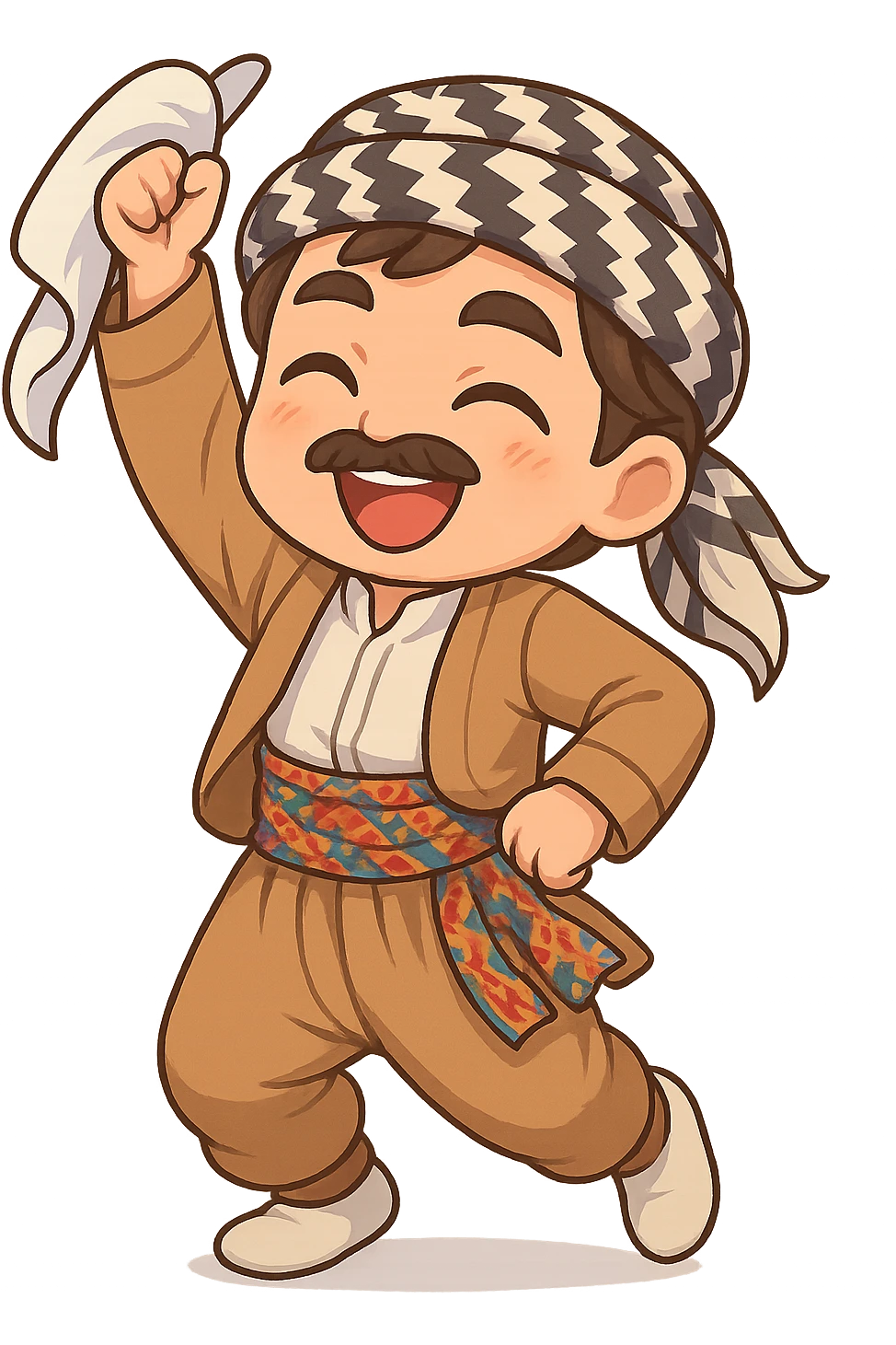 Create a colorful and cheerful Kurdish cartoon sticker in chibi style. Show the traditional Kurdish clothing and a dancing pose. The background should be transparent. Suitable for WhatsApp and Instagram. emoji