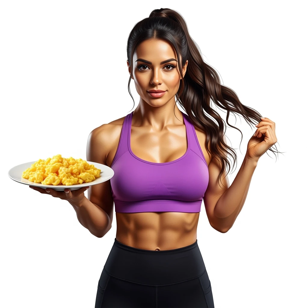 DONNA FITNESS CHE HA IN MANO UN PIATTO DI UOVA STRAPAZZATE, IPERREALISTICA 4K, SENZA SFONDO emoji