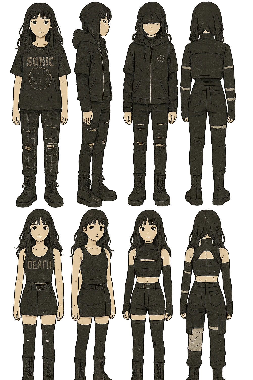 outfit designs for a VTUBER OC. The style is mixed 90's grunge, punk, lots of black and white in the color scheme, futuristic aesthetic. Clothing has small rips and tears from wear, logos and designs are faded. Garage, Shoegaze, postmodern style. character design concept art outfits for a female. [[FUTUREPUNK CYBERGOTH]] front on view, not 3/4 angle or any angle, perfect front, front and back view of each design,  emoji