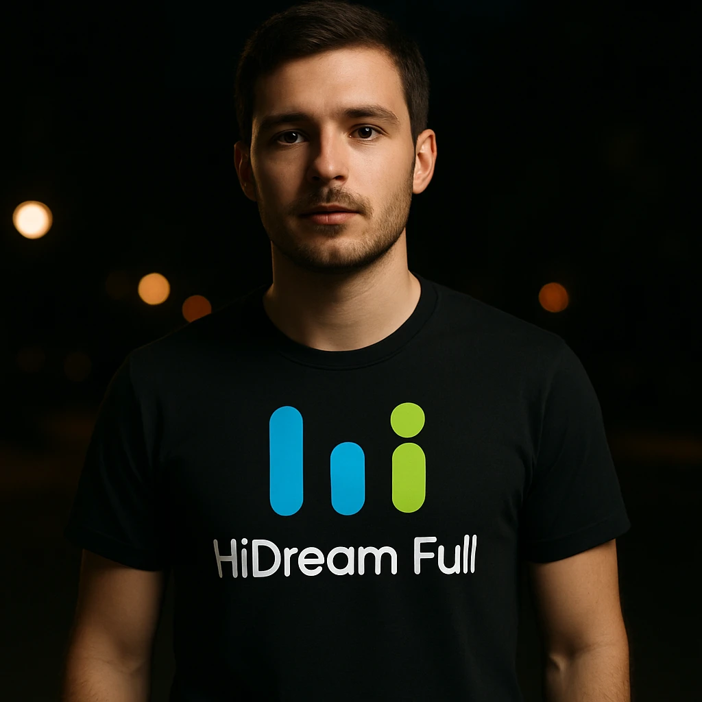 man wearing tshirt with this logo, dark night background with dim lights emoji