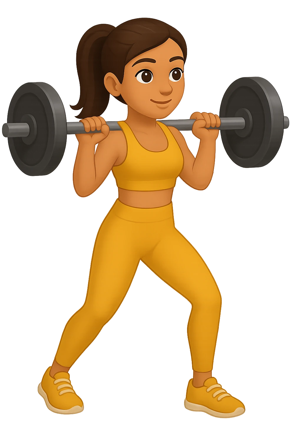 Create an emoji style illustration of a girl doing musculation wearing a cute yellow workout set, inspired by the reference image. emoji