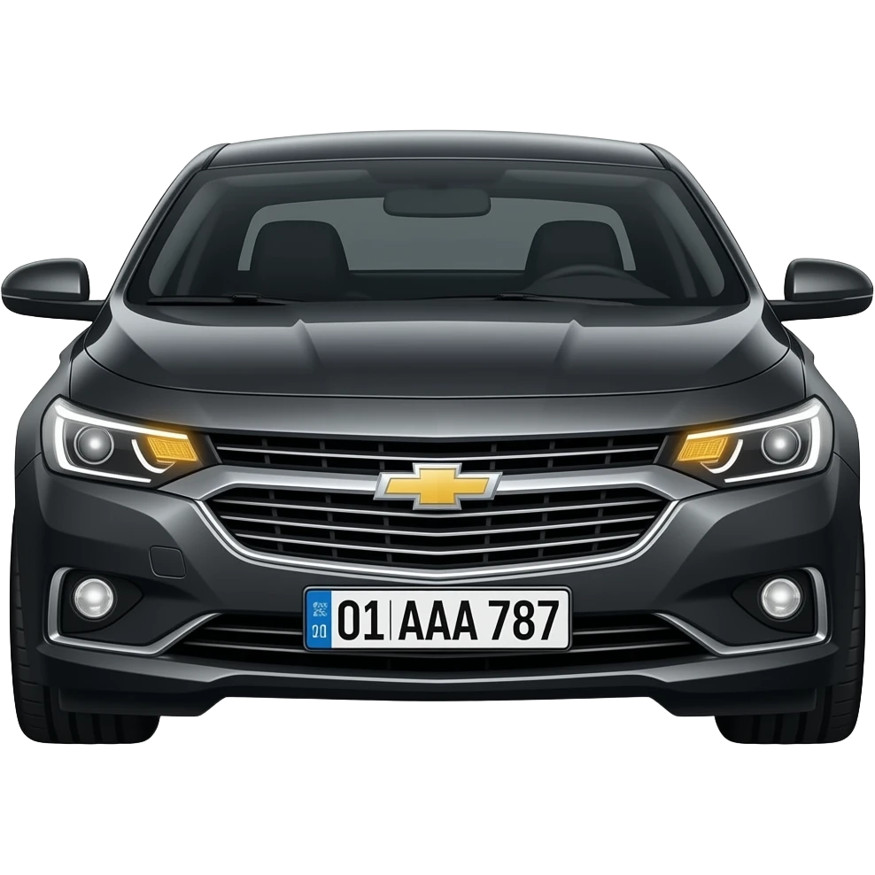 A realistic icon emoji of a metallic black sedan Chevrolet Malibu 2.0L Turbo Premier, dark charcoal tint windows, black alloy 5-spoke rims, Dynamic amber glow LED headlights with sharp laser-beam effect, uzbekistan region number texts "01 | AAA 787" uzb flag in plate emoji