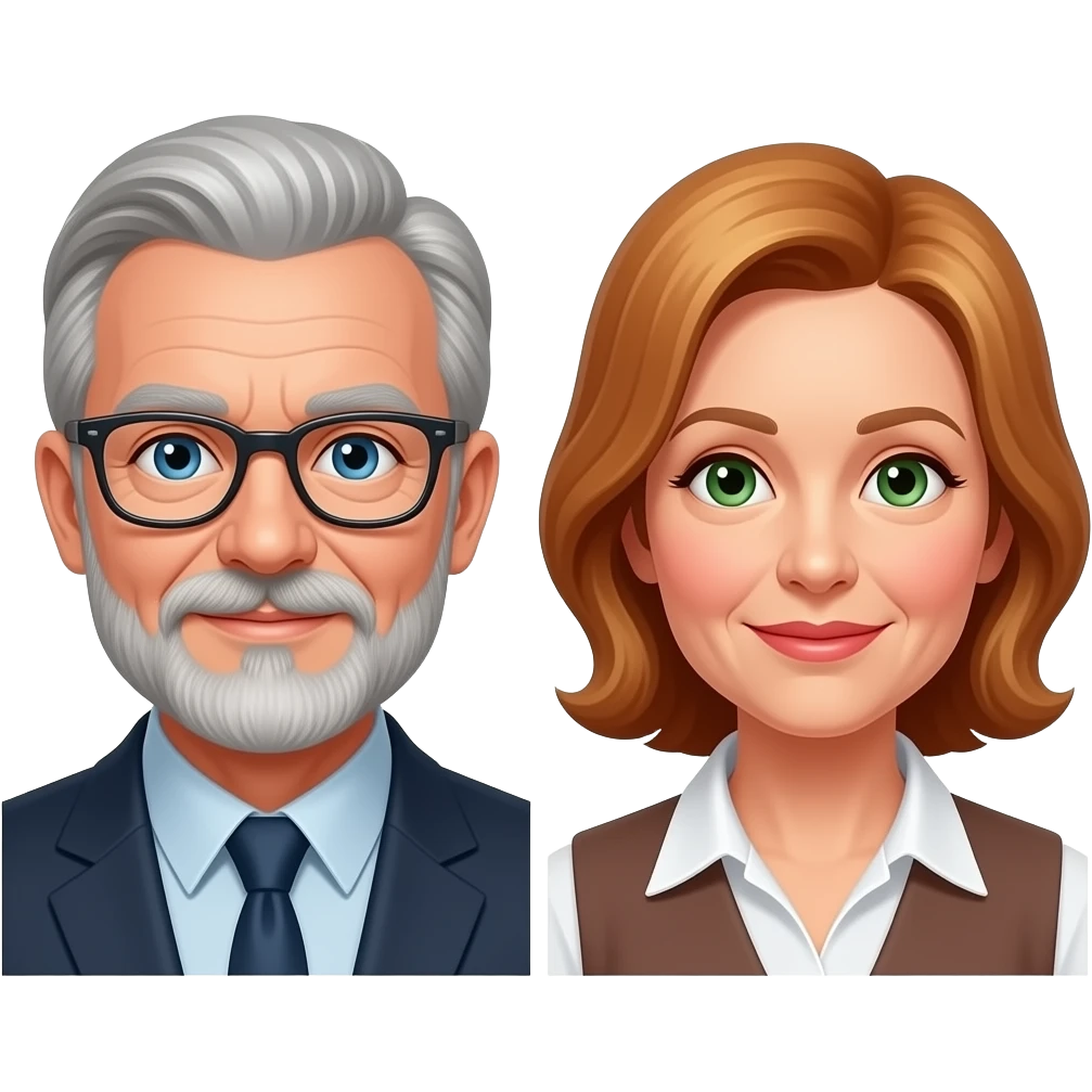 Emoji of a senior man  with blue eyes a beard mustash  wearing glasses with a mature lady  with reddish blonde hair and green eyes emoji