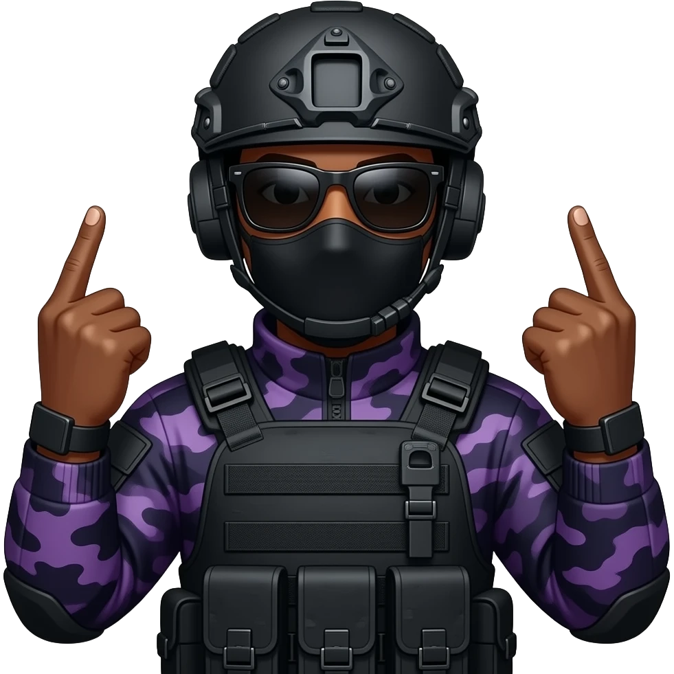 Black Man in large black sungoggles dark purple camoflage tactical gear helmet mask with both middle fingers emoji