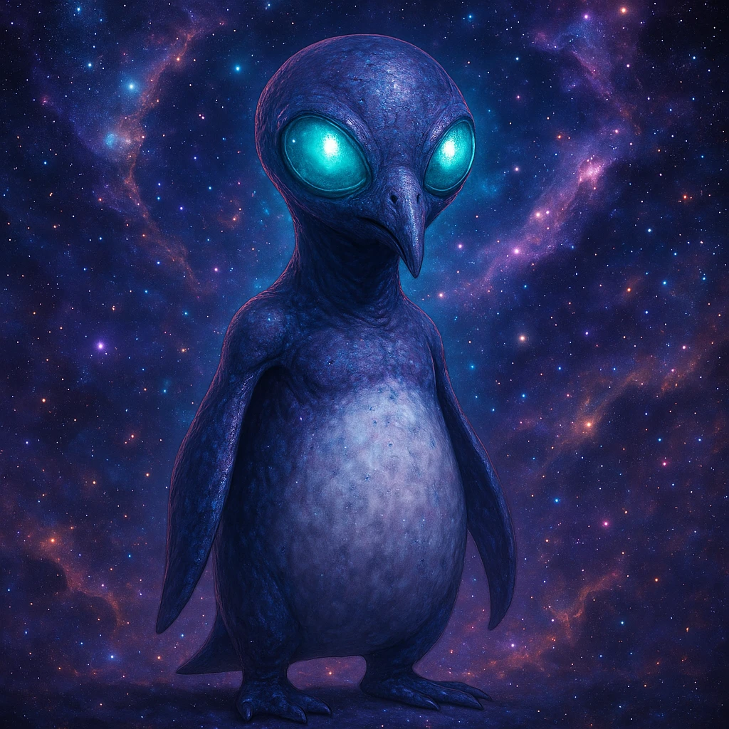 alien penguin, glowing eyes, cosmic background, fantasy style emoji