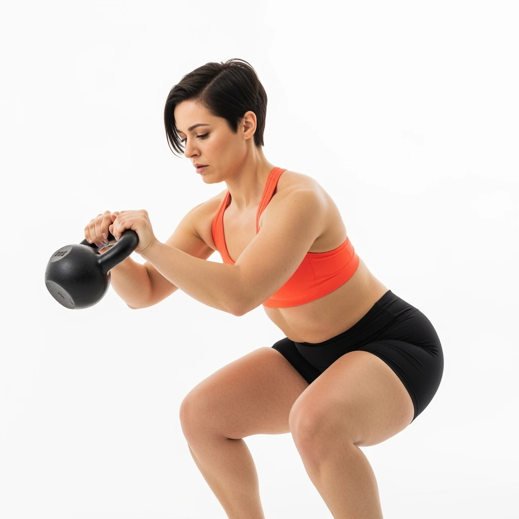 DONNA FITNESS CON CELLULITE CHE FA SQUAT CON KETTLEBELL ED ESPRESSIONE TRISTE, ISOLATA SU SFONDO BIANCO emoji