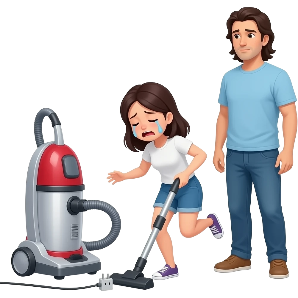 a short tearful woman with dark hair and shortalls trips over the power plugin of a standard upright vacuum. A taller man with long dark hair calmly looks on.  emoji