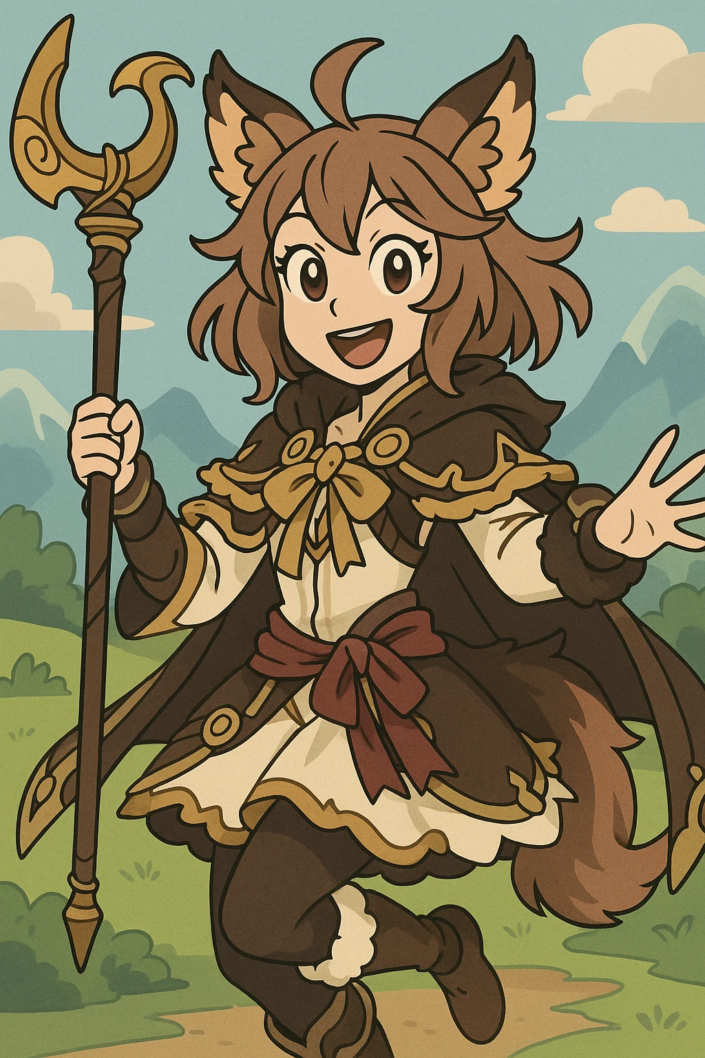 Andira from Granblue Fantasy, anime style, dynamic pose, staff visible, smiling, ornate outfit, animal ears, fantasy background emoji