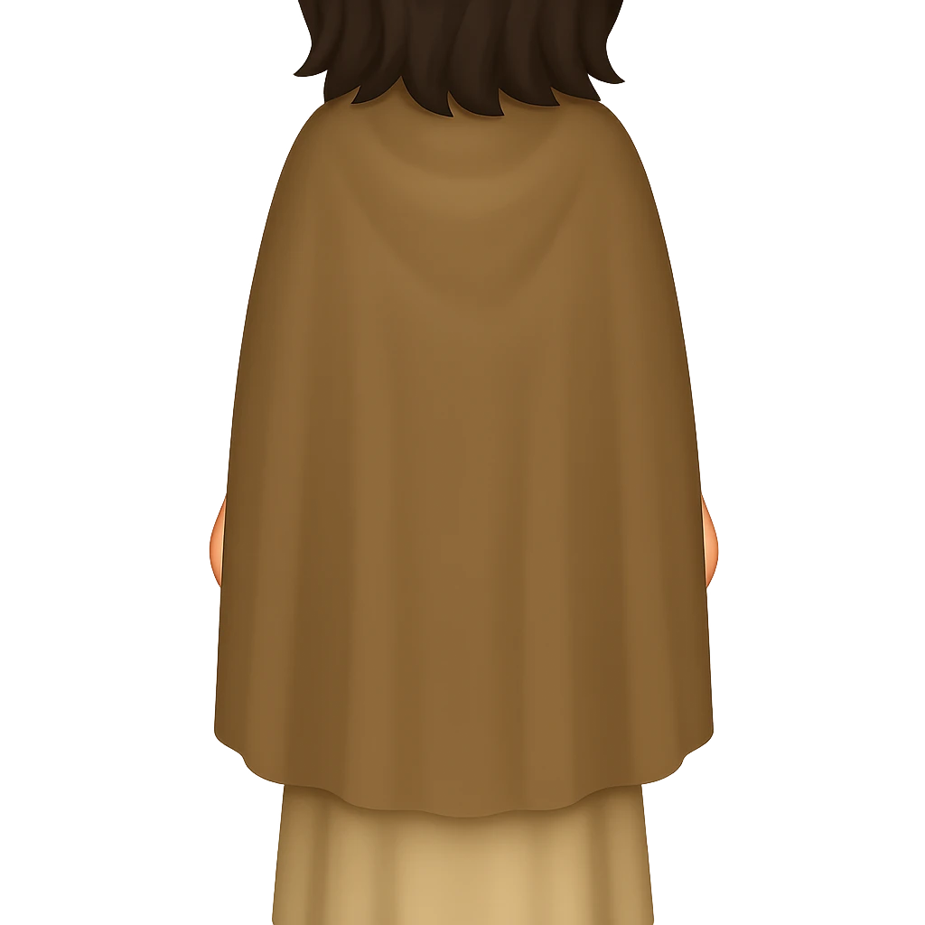 Fullbody backview of Mary Magdalene with dark hair, wearing a light tan biblical dress and a dark tan cape like in the reference image, sandals, in classic emoji style with transparent background. emoji