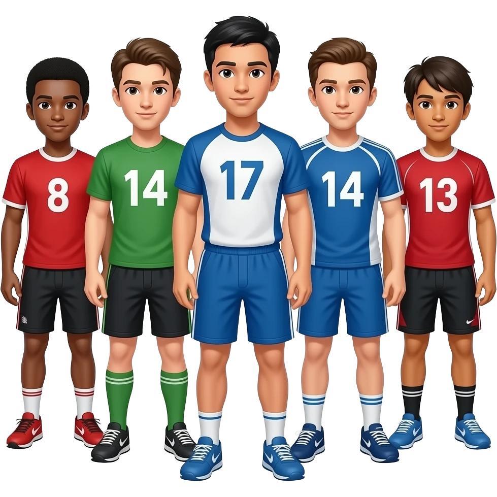 Faça um grupo de atletas jovens, de diferentes modalidades juntos, sem marca nas roupas apenas os numeros emoji