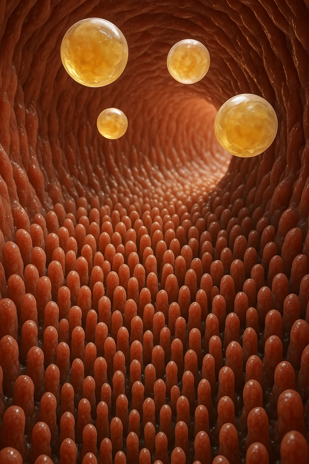 VILLI INTESTINALI CON CELLULE DI GRASSùO CHE CI FLUTTUANO SOPRA, INTERNO REALISTICO DI UN INTESTINO, IPERREALISTICO 4K emoji