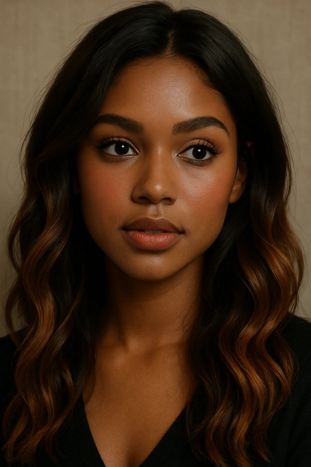 portrait of a young woman with dark skin, brunette hair with caramel balayage, brown eyes, curled lashes, blush, in a semi-realistic style emoji