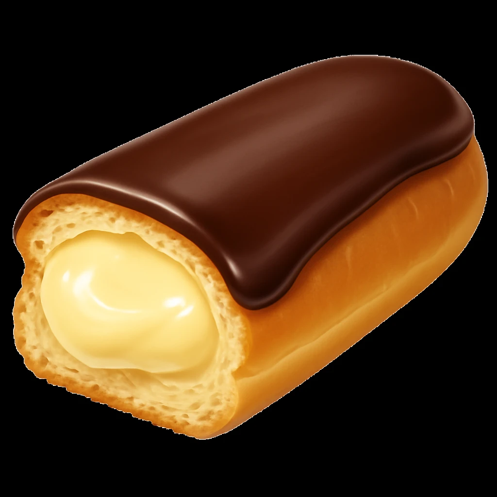 Add a glossy chocolate glaze on top of the sliced dairy-filled eclair, keeping the style and background the same as the original image. emoji