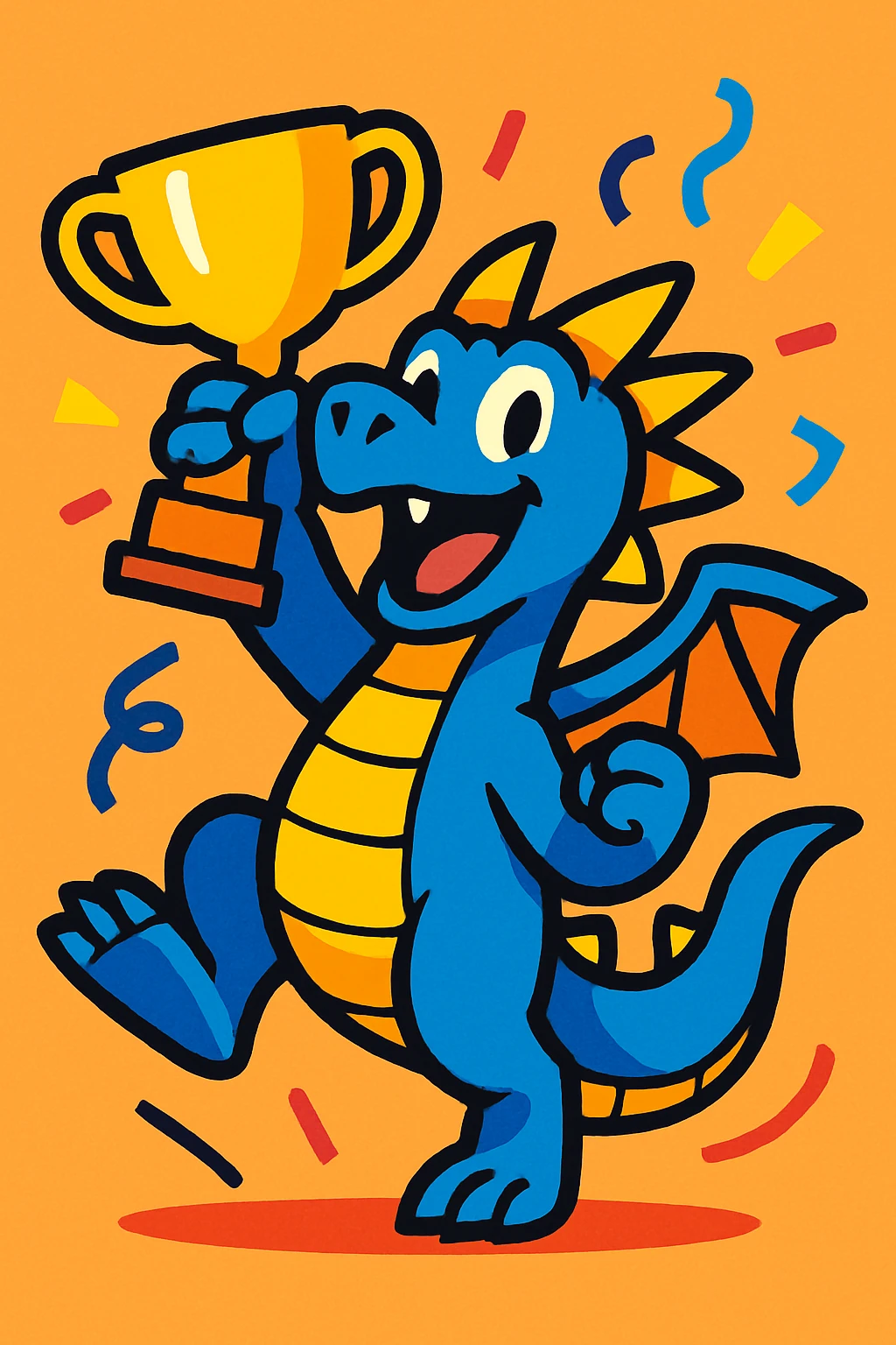 blue dragon celebrating with a trophy, fun and dynamic emoji