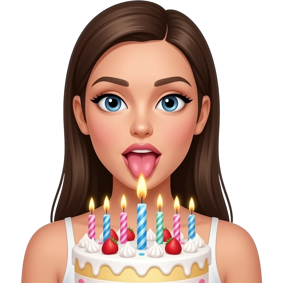sexy girl mouth open sticking tongue out  staring at big candle in a birthday cake emoji