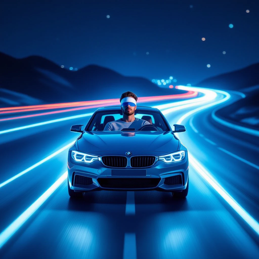 A car driving on a glowing road with a blindfolded man sitting inside. emoji