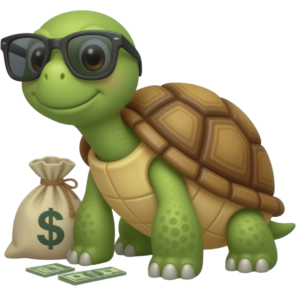 A turtle with sunglasses sitting on ground next to a bag of money emoji