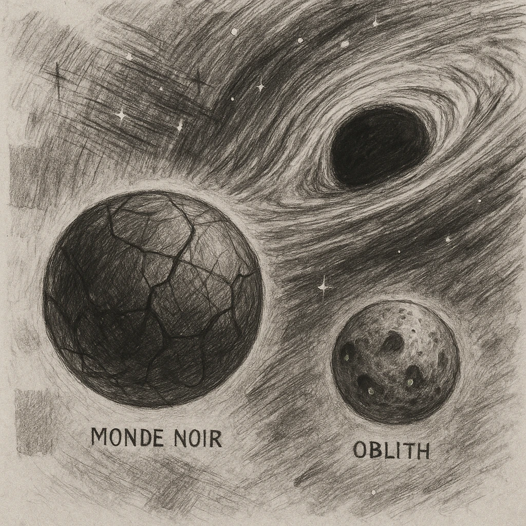 hand drawn map of dark back ward -“A dark cosmic region orbiting a massive black hole. No sunlight. A dead solar system with twisted planets and moons circling in silence. Monde Noir looms in the foreground — a cracked, obsidian planet with no atmosphere. Its moon, Oblieth, floats nearby, scarred and pitted, with faint green lights glowing from within cave openings. Stars are distorted and streaked by gravitational lensing. The entire scene is heavy, quiet, and surreal.” emoji