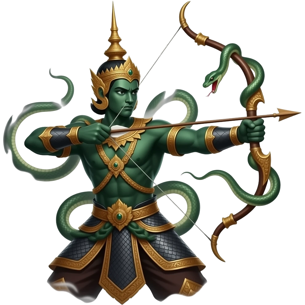 (งู), ปิดทางเดิน	Indrajit, the powerful demon prince, dark green skin, shooting an arrow that turns into snakes, coils of snakes binding enemies, royal traditional Thai armor, dark magic aura. emoji