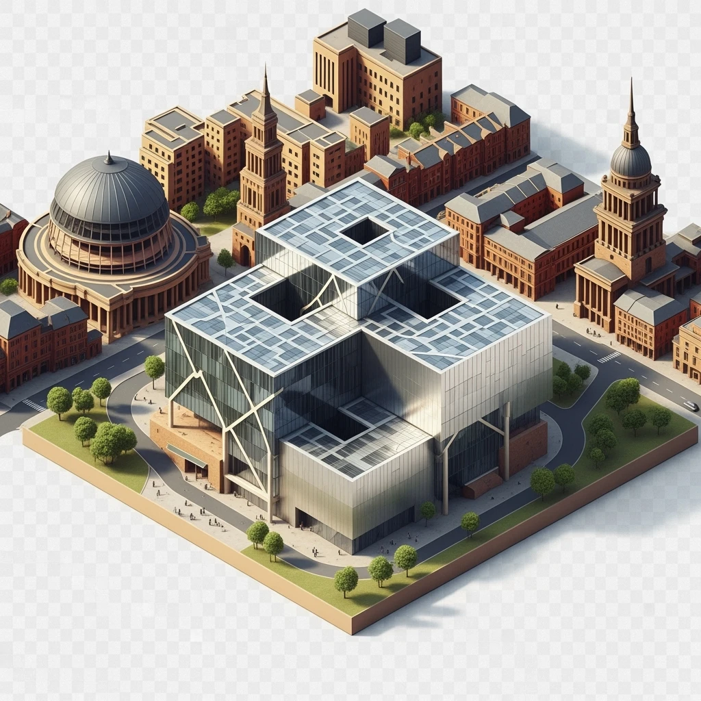 Isometric illustration of Birmingham, photorealistic the Library of Birmingham with its modern architecture, balanced between stylized and realistic, 3D miniature effect, transparent background. emoji