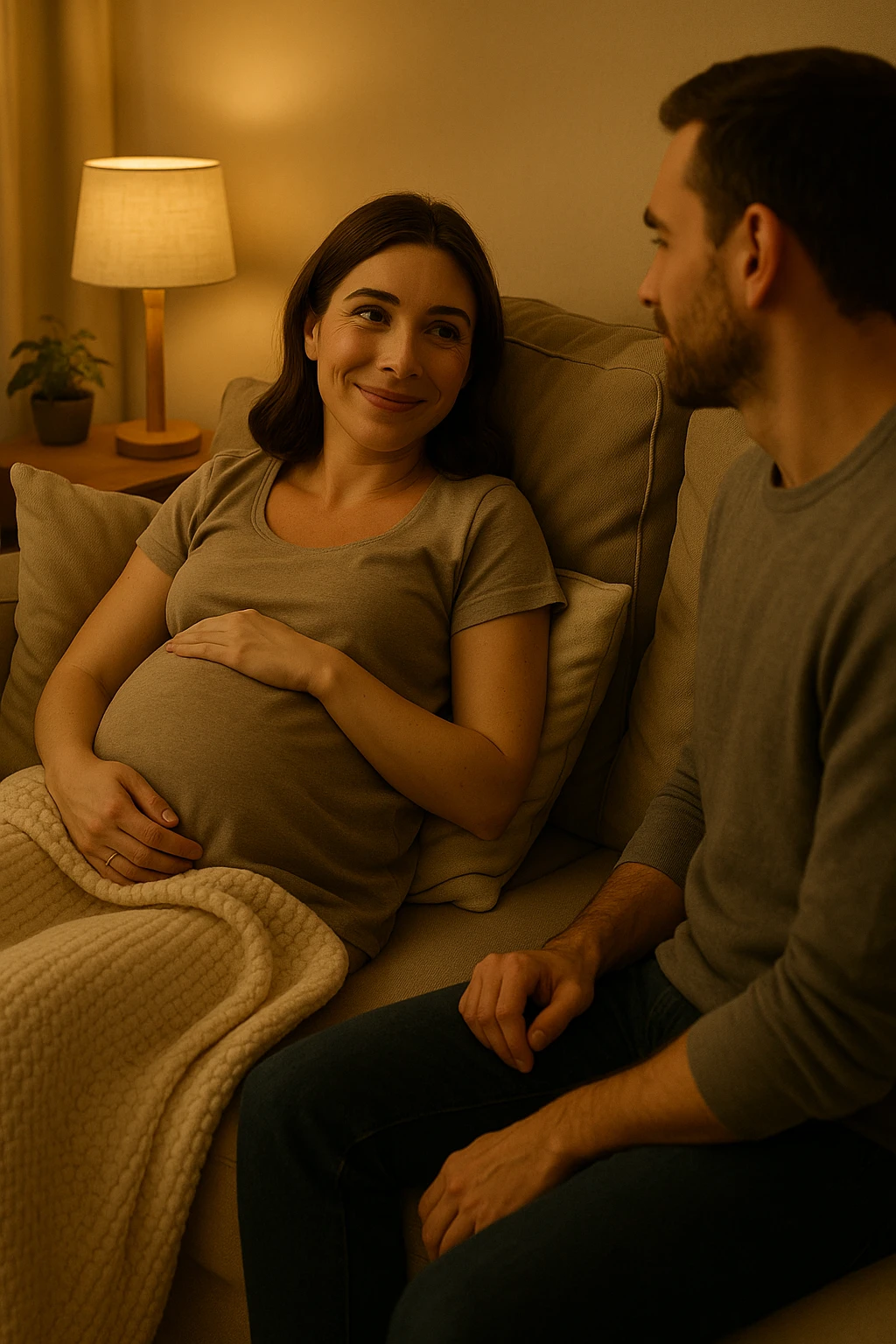 Vertical format, pregnant wife resting on couch, watching husband, peaceful home. Version 1. emoji