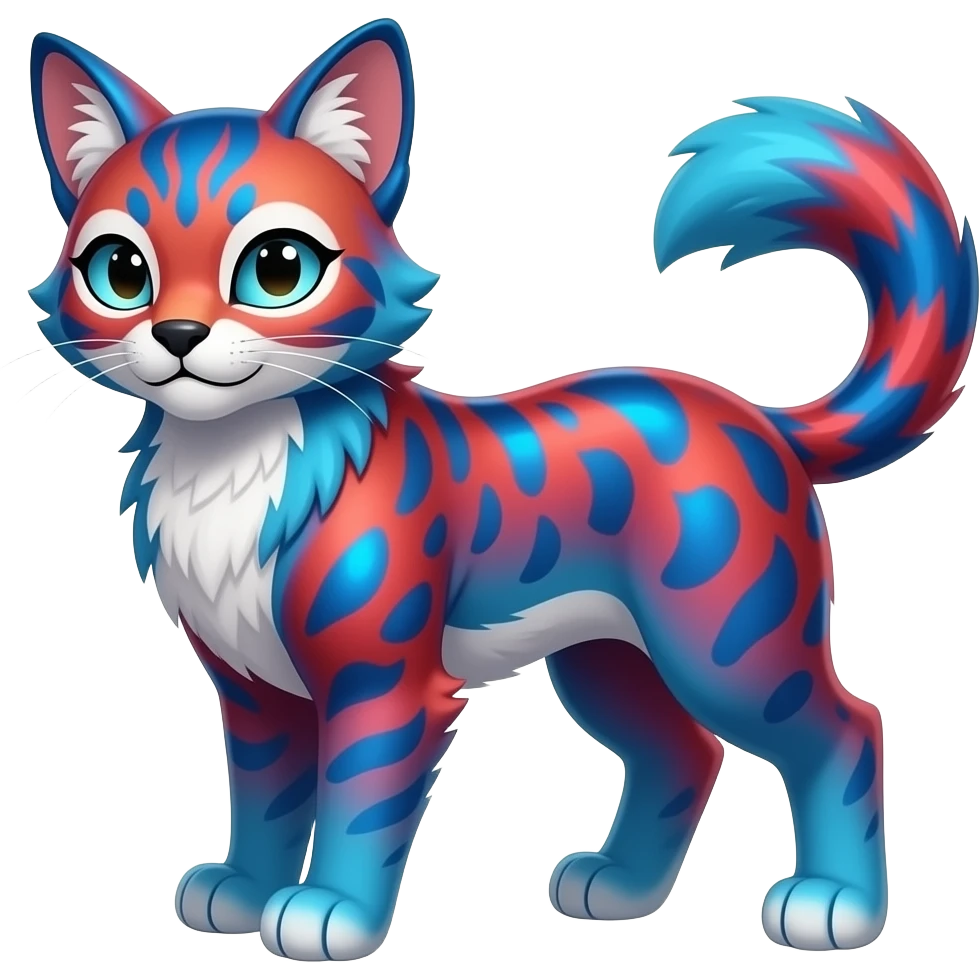 Cute kawaii cool edgy badass vibrant cyan-cobalt-blue-to-crimson-red gradient-colored iridescent glossy fur fantasy-caracal-civet-genet-sergal-vernid-Gryphon-Cacomistle-Trico-oncilla-animal-Fakémon-hybrid-fursona (full body), facial markings, (realism style) emoji
