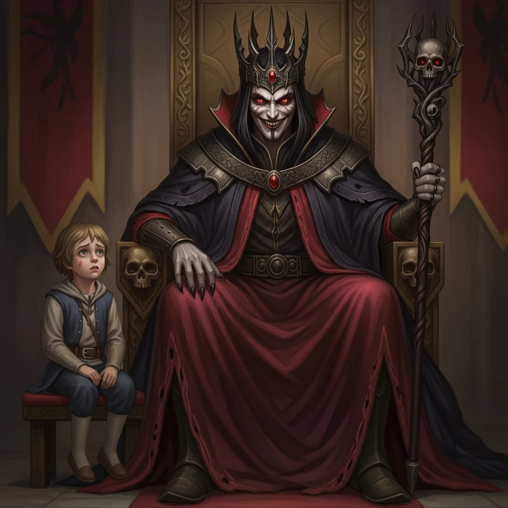 change only the king in first image with the sinister king in second image, and keep the same child on the left in the new image emoji