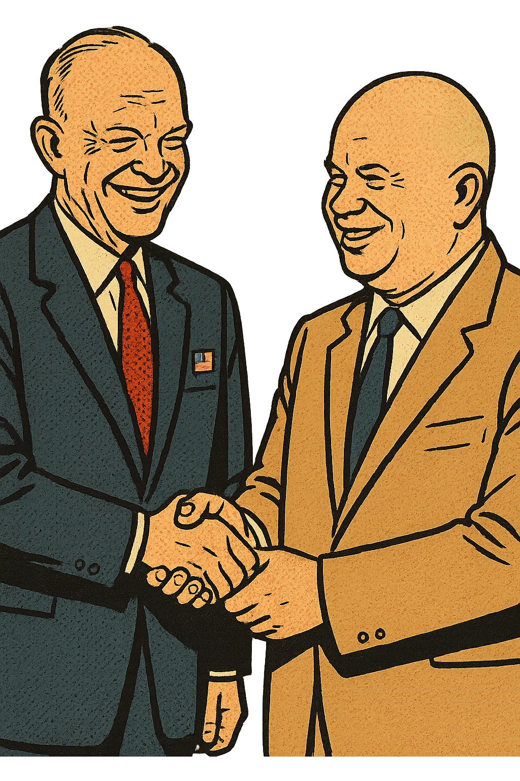 US President Eisenhower wearing a suit with a US badge on the chest shaking hands with Soviet leader Khrushchev and smiling emoji