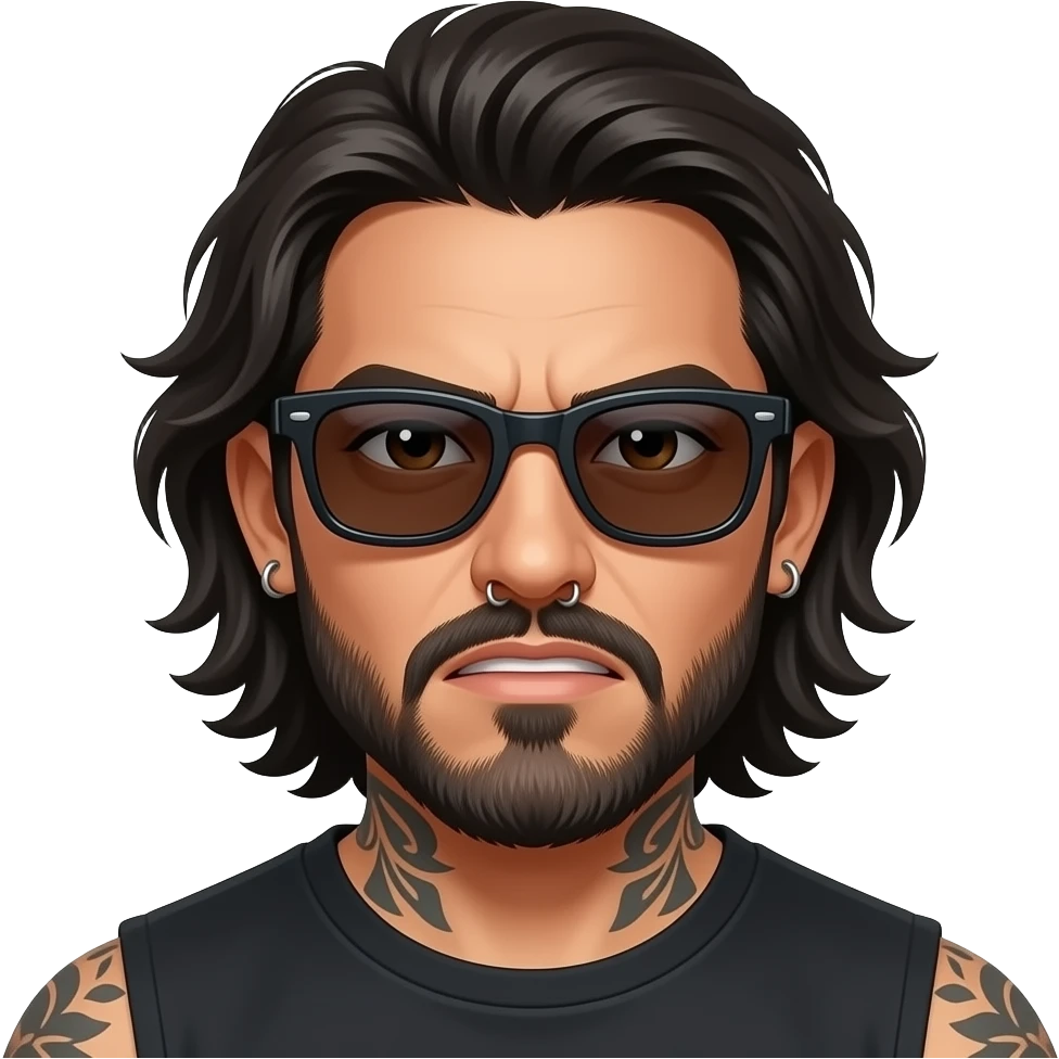 The handsome manly Latino podcast host with medium length hair, a long  slightly graying beard and tattoos with his ears pierced and a nose ring on the right side, dark brown eyes, dark sunglasses, really mad emoji