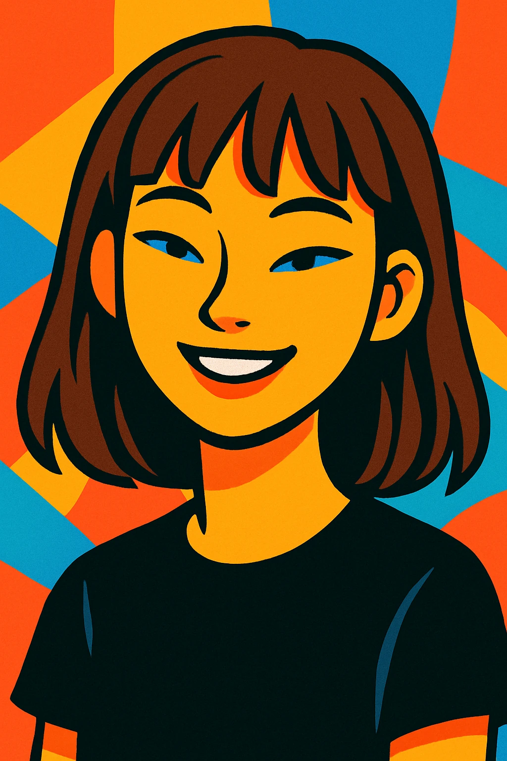 a girl with narrow Asian blue eyes, brown hair, and a small bang below her shoulders, wearing a black T-shirt, vibrant cartoon style emoji