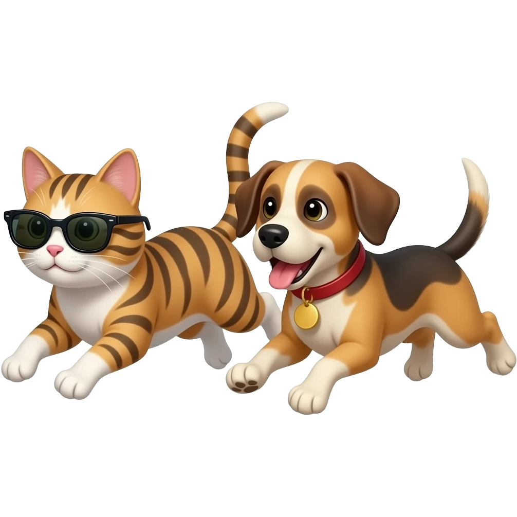 Cat wearing sunglasses and with a dog chasing the cat playing tag and there on all fours emoji