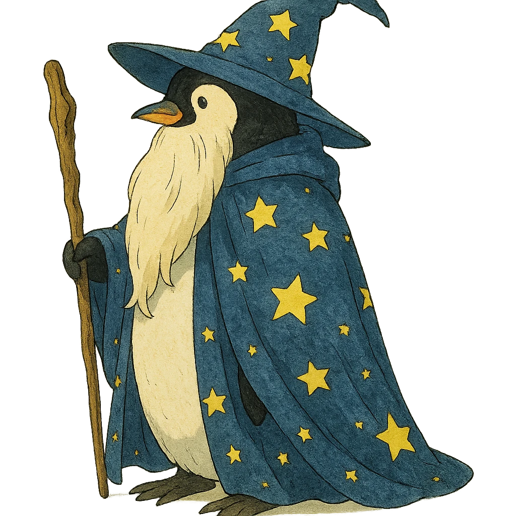 fantasy illustration of a penguin wizard with a long beard and starry cloak emoji