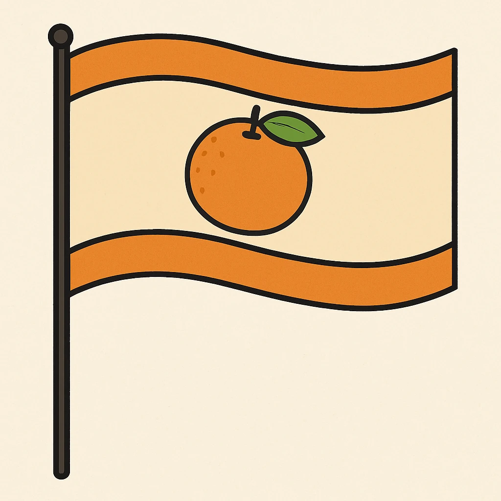 Reduce the size of the mandarin, remove any human elements, make the background white, and keep the flag style with orange stripes at the top and bottom. Maintain the overall composition and style as in the original image. emoji