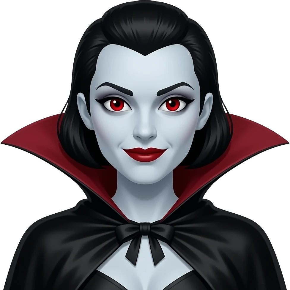 Countess Dracula from Heroes and Villains with pale-grey skin, red eyes, black 30s hair, black silk cape emoji