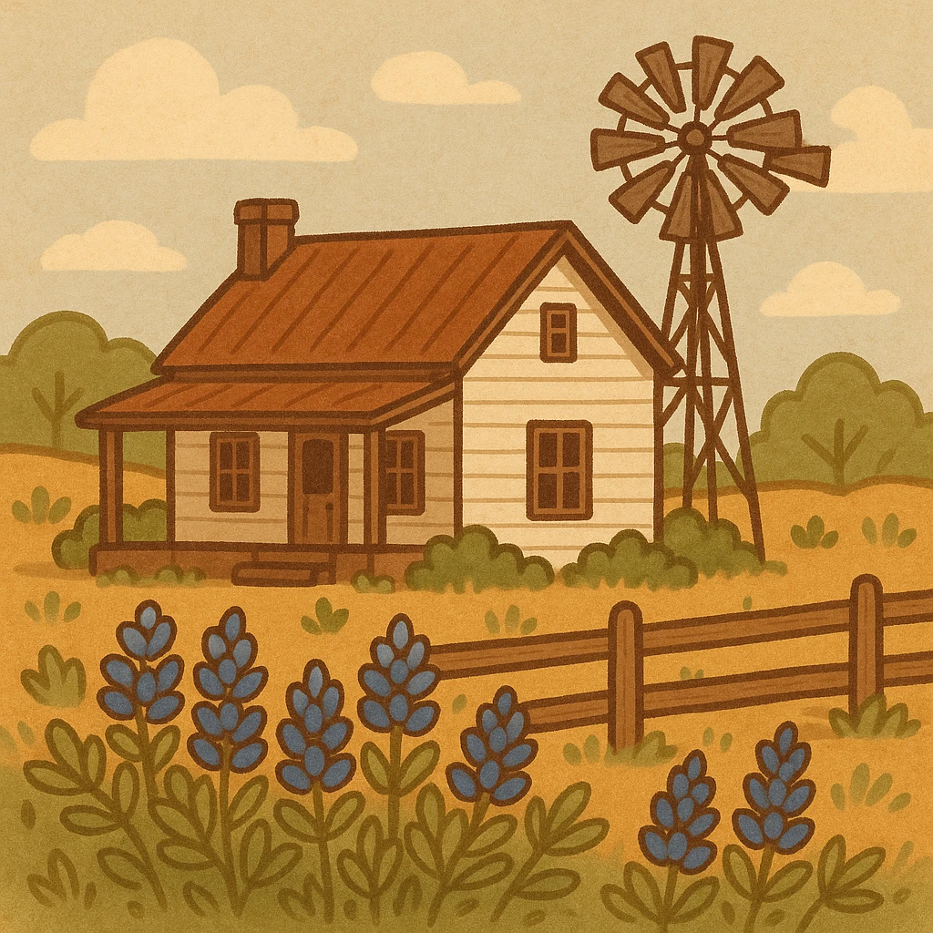 A traditional Texas farmhouse with a windmill, bluebonnets, and a rustic fence emoji