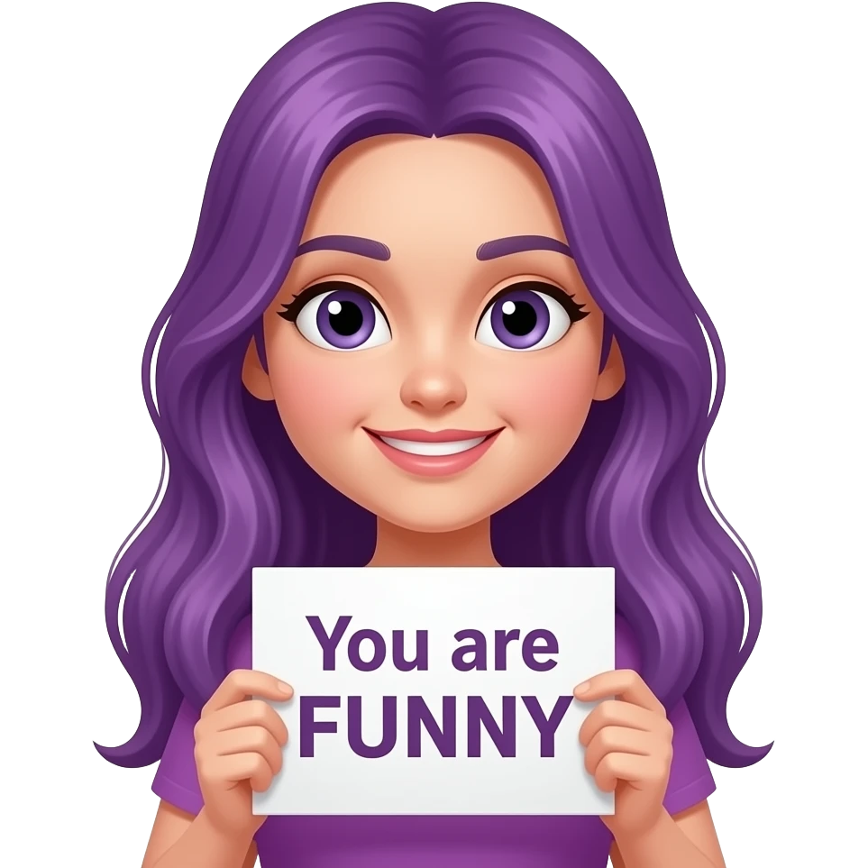 girl with long purple hair holding a You are FUNNY sign emoji
