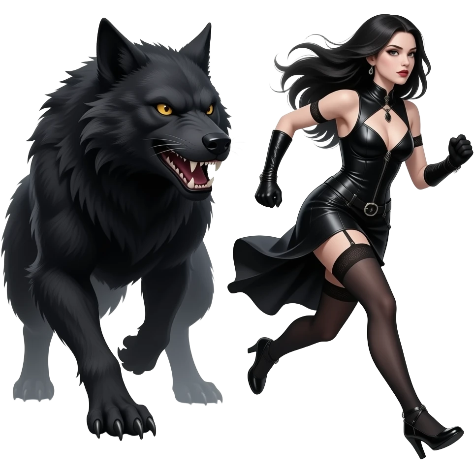 A dark sexy gothic woman running away from large black  werewolf fantasy realistic emoji