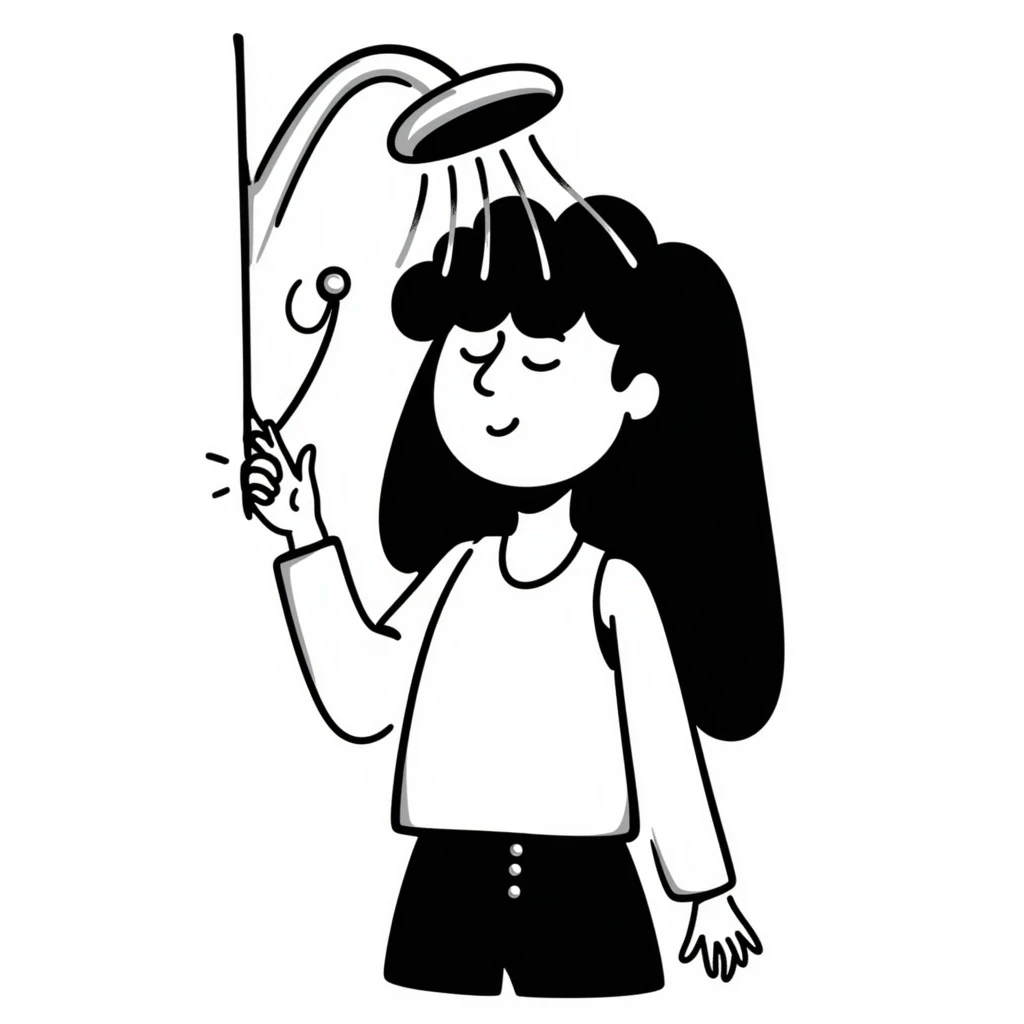 A girl washing her hair in a shower, clean aesthetic emoji
