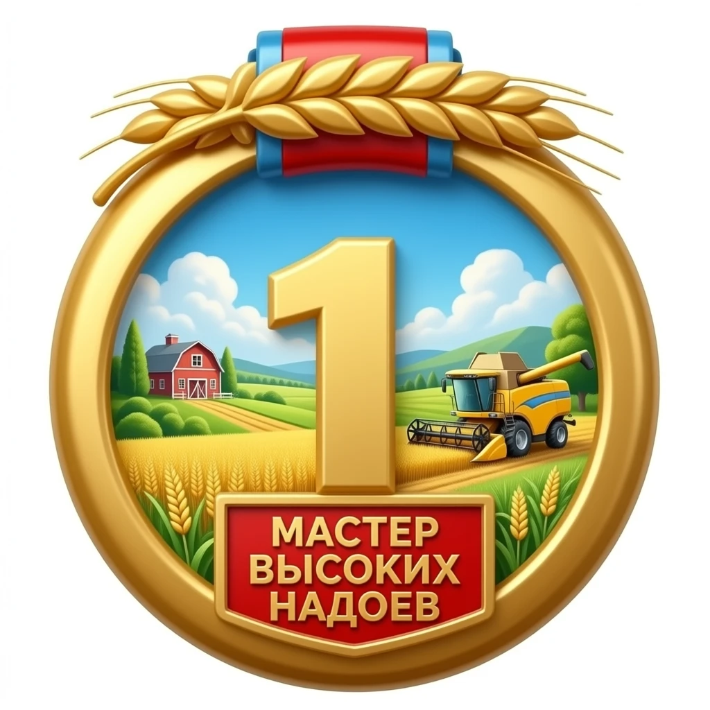 Top: red enamel bar with gold wheat. Lower gold ring: detailed landscape with fields, barn, combine harvester. Foreground dominates: large red-framed golden '1' and distinct Russian text: 'МАСТЕР ВЫСОКИХ НАДОЕВ'. Clean render. emoji