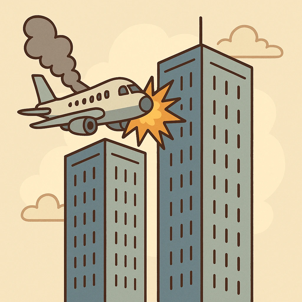 flat design of two buildings with an airplane impacting the left tower emoji